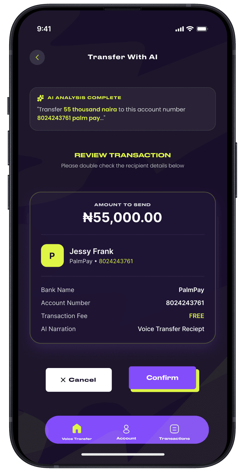 Etegram.AI reviewing a 55,000 naira transfer before confirmation