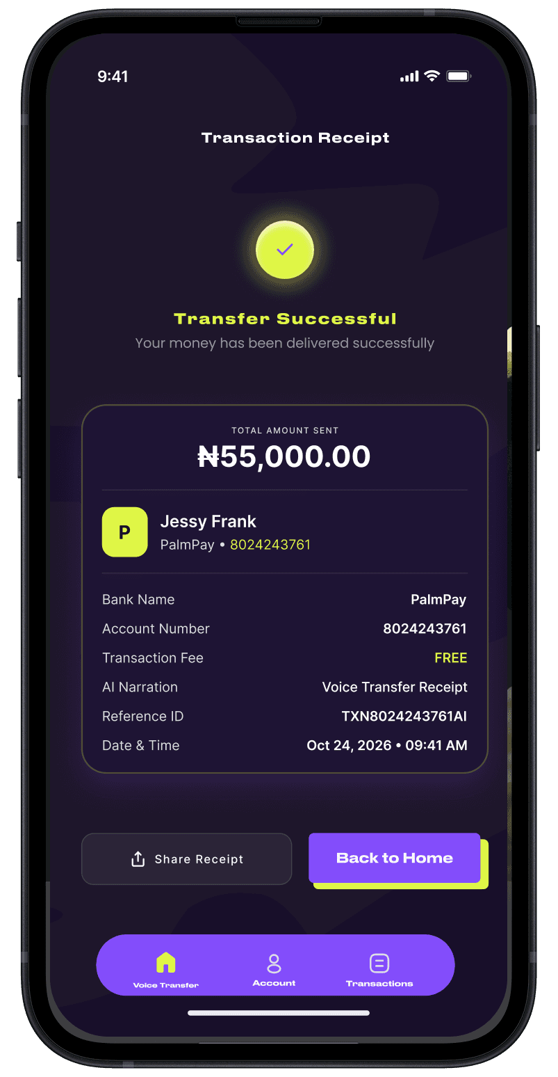 Etegram.AI transaction receipt after a successful transfer